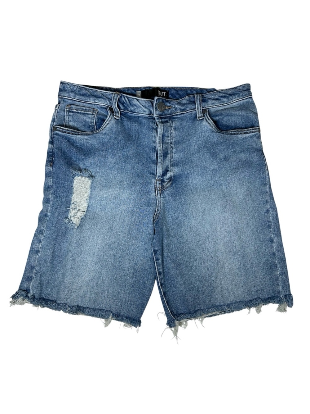 Kut from the Kloth Stretch Light Wash Distress Button Fly Jean Bermuda Shorts 10
